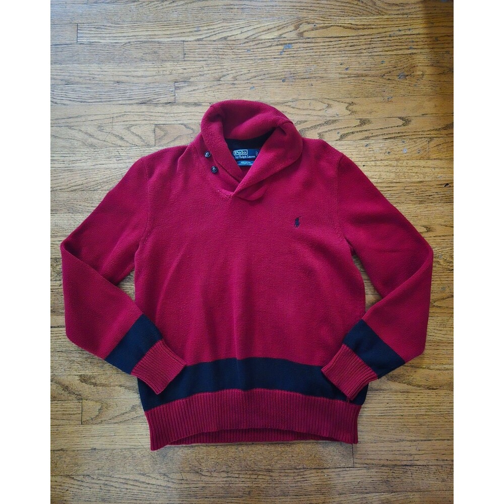 Polo Ralph Lauren Men's Shawl Collar Sweater Red Navy Striped Cotton Size Medium